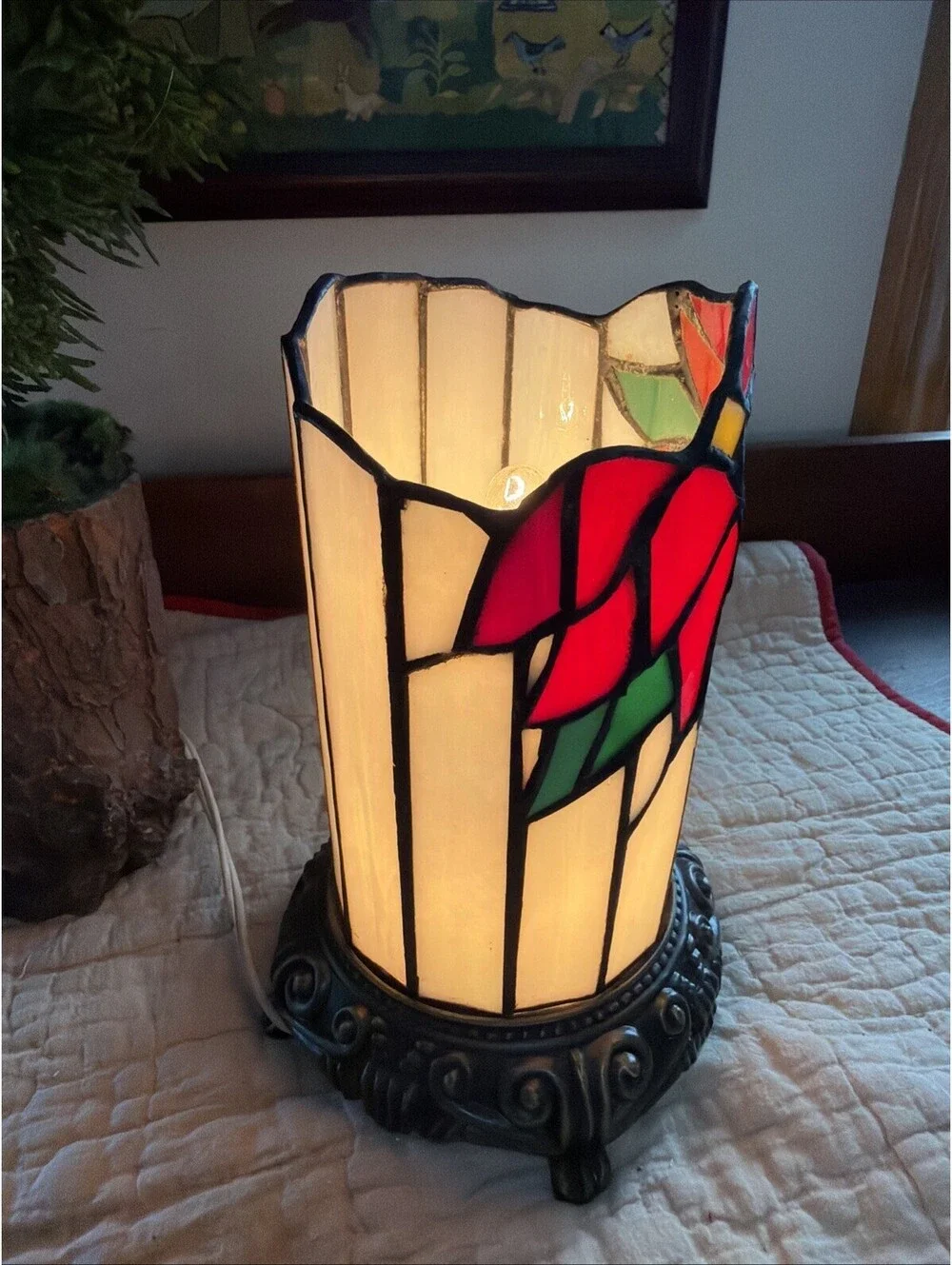 Stained Glass Table Lamp Tiffany Style Floral Cylindrical Desk Night Small VTG